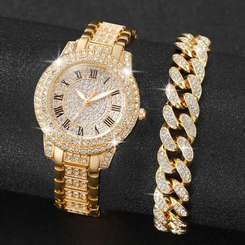 2PCS Fashion Diamond Womens Watch Gold Watch Womens Watch Luxury Water Diamond Womens Bracelet Watch Relogio FemininoXJ250408