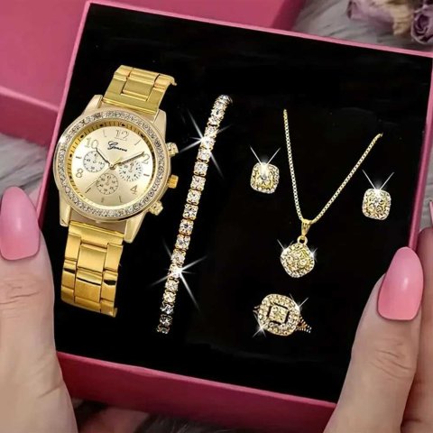 5-piece gold watch set womens luxury ring necklace earrings rhinestone fashion watch womens casual watch bracelet setXJ250408
