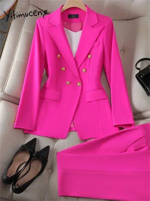 Yitimuceng Elegant Office Womens Two Piece Set Double Chest Long Sleeve Jacket Loose Casual Pants 241115