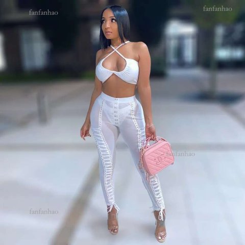 Tropical Girl White or Black Sheer Long Pants Lace up Detailing Mesh Leggings with Gold Eyelets 201031