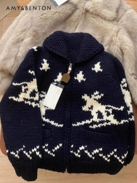Women&#039;s Knits 2024 Inner Winter Atmosphere Ski Jacquard Lapel Sweater Trendy Navy Blue Knitted Cardigan Jacket For Women