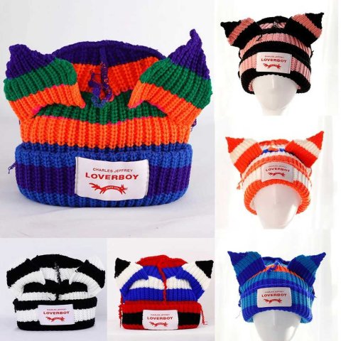 Loverboy cat ear knitted hat double-layer warm pig ear wool hat cute and fashionable hooded niche design hip-hop personality cold hat W240924