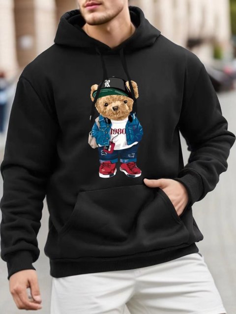 Adorable Bear Print Versatile Long Sleeve Comfy Hooded Sweatshirt Casual Top For Spring Autumn Men&#039;s Clothing Outdoor