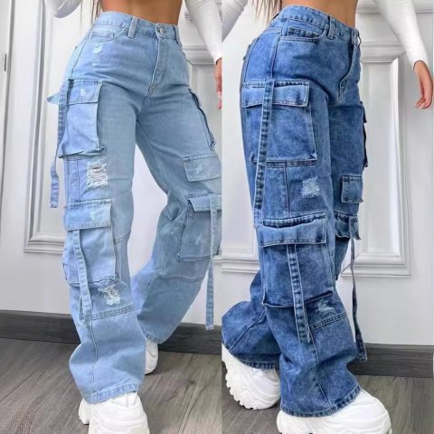 Foreign goods 2024 new fashionable solid color versatile plus size high waist multi pocket casual workwear denim pants for women 240924