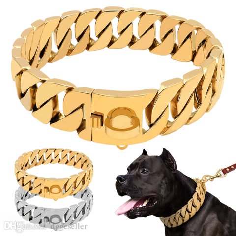 Gold Dog Collars Cuban Chain Heavy Duty 32Mm Wide Choke Dog Chains with Safety Lock 316L Stainless Steel Slip Ring for Large Medium Pitbull Bulldog Dogs 22 Inch B154
