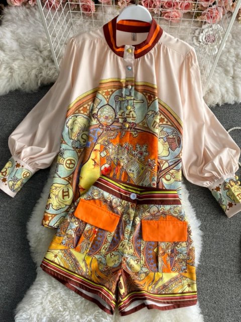 Womens printed two-piece retro chic spring floral shortslong sleeved elegant set for spring and summer240810