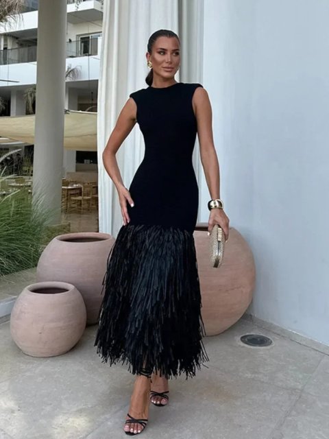 Fashion Knitted Tassels Hem Women Long Dress Elegant O Neck Pad Backless Zipper Sleeveless Slim Maxi Dresses Lady Party Vestidos 240724