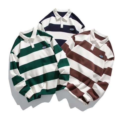 Men Striped Print Letter Patched Polo Neck Sweatshirt