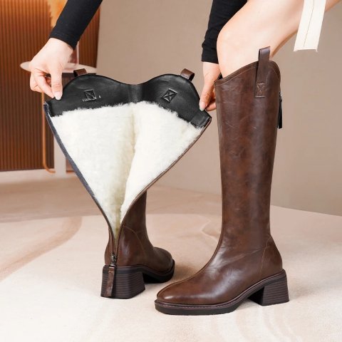 AIYUQI Women Long Boots British Style Genuine Leather Women&#039;s High Boots Natural Wool Western Cowboy Boots Women