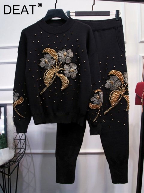 DEAT Women Two Piece Set Beading Knitted Wer Sweatershirt Elastic Waist Long Pants New Fashion Tide 2024 Spring Suit 11B795