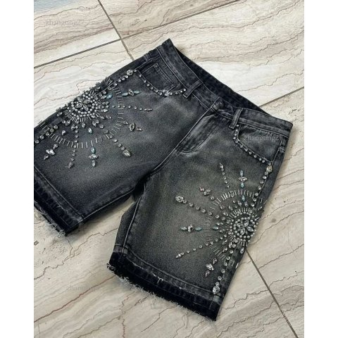 Y2K Korean Gothic Fashion Shorts and Pants Mens Pattern Printed Fashion Diamond High Waist Washed Knee Length Jeans 241007