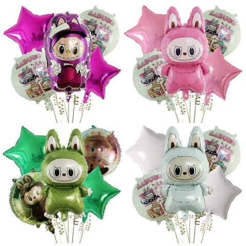 5Pcs/Set Cute Cartoon Bubble Mart Theme Foil Balloon Set Labubu Children First Birthday Party Decorations Baby Shower Air GlobosXJ250107