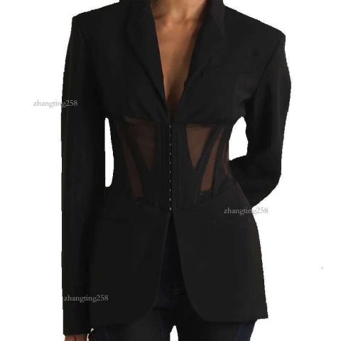 Women&#039;s Suits Black Casual Blazer For Women Sexy Mesh See Through Slim Blazers Autumn Winter Fashion Long Sleeve Button Club Party Coats