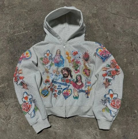 Vintage Risen King Graphic Print Oversized Zip-Up Hoodie Men Y2K Autumn Long Sleeves Casual Sweatshirt Streetwear Women Tops 241228