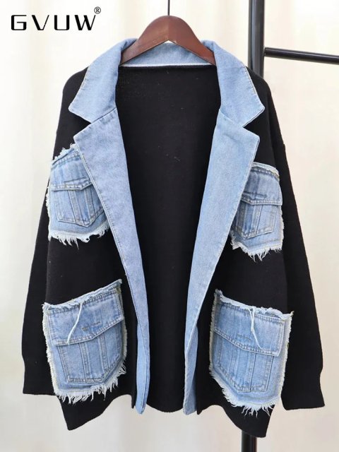 GVUW niche n denim jacket womens lapel splicing knitted open seam full set 2024 clothing 17G8260 241211