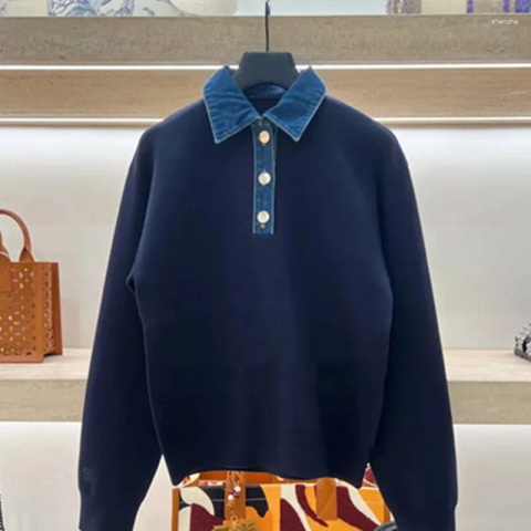 Women&#039;s Sweaters Women Knit Sweater Denim Splice Turn-down Collar Long Sleeve Fashion Female Pullover With Buttons 2024 Autumn Winter