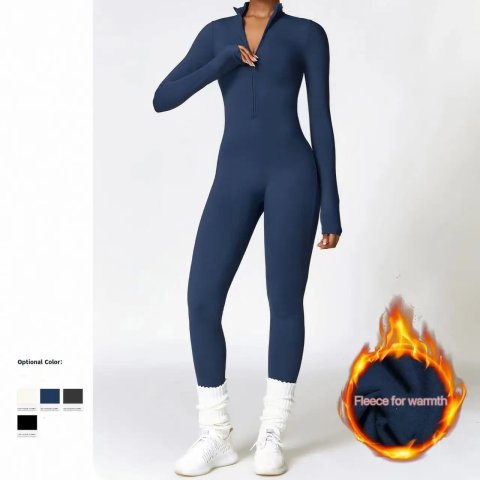 Winter Fleece Women&#039;s One-Piece Yoga Pants Long-Sleeved Warm Ski Overalls Outerwear High Elastic Cycg Bodybuilding Bodysuit