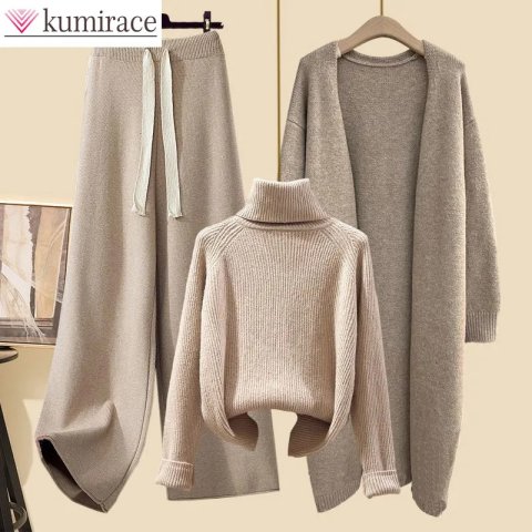 Winter High Neck Knitted Sweater Casual Knitted Windbreaker Knitted Wide Leg Pants Three Piece Elegant Womens Pants Set 241028