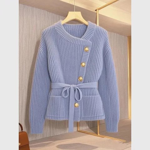 High-end And Super Nice Blue Sweater Jacket Women Clothing 2025 Winter Style Unique And Unique Knitted Sweater Top 241216