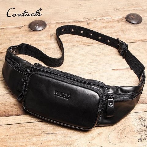 CONTACT genuine leather mens fanny pack casual phone bag mens travel cross body bag mens waist bag 240824