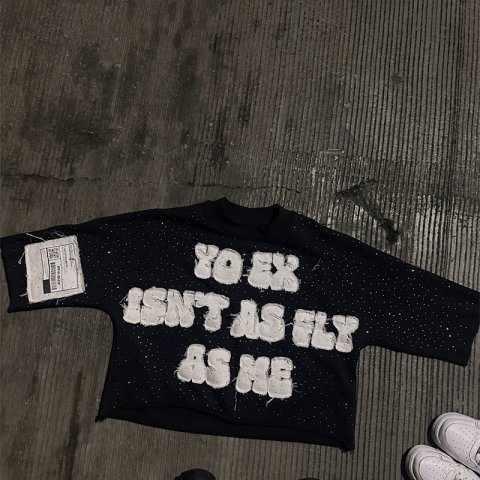 Black Fashion Fine Glitter Sticker Fabric Trend T-shirt Street Hip Hop Style Oversized Top Crop Short Sleeve 240912