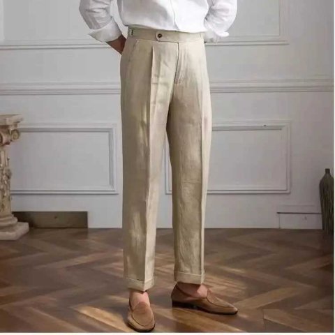 100% linen Italian Naples mens pants high waisted straight suit mens style mens style spring and summer fashion lightweight and breathable casual pantsXJ250412