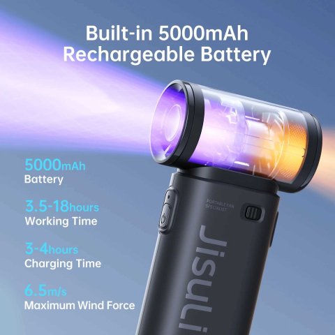 JISULIFE portable handheld turbofan with 5000mAh 18H rechargeable battery super strong wind power multi-purpose pocket mini fan X2504121