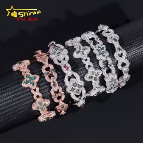 Fancy Shape Hip Hop Color Diamond 925 Silver Flower Iced Out Moissanite Infinity Link Bracelet