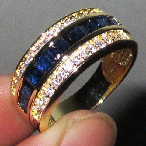 New Arrival Fashion Jewelry Handmade 10KT Yellow Gold Filled Princess Cut Blue Sapphire Party CZ Diamond Men Wedding Band Finger Ring