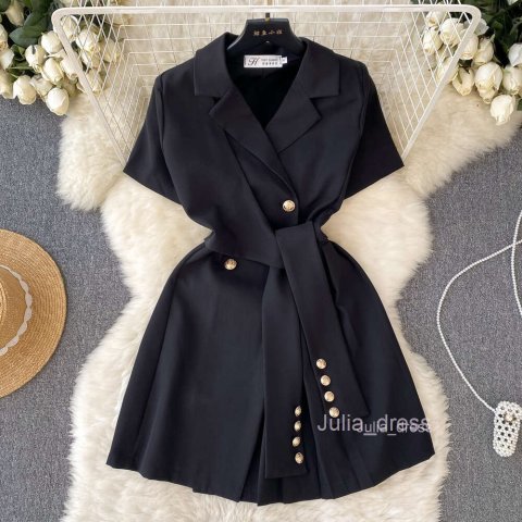 Small Design Sense Suit Polo Neck Short Sleeve Dress Womens Summer Lace up Waist Show Thin Temperament Casual Short Dress