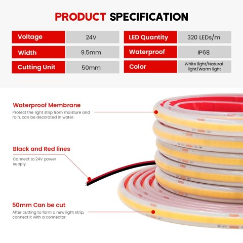 IP68 Waterproof COB Led Strip Light 12V 24V 5m 10m 15m 20m 0.5m Flexible LED Tape 320LED RA90 High Density Bright Liner Lighting