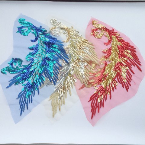 Embroidered sequins, adhesive free Phoenix Peacock Feather Fabric, Wedding Stage Phoenix Tail Phoenix Feather Pattern Fabric, Accessories