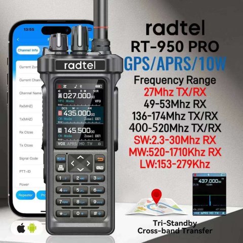 Radtel RT-950 PRO Walkie Talkie AM/FM/CB/LSB/USB/CW Receiver with GPS APRS 10W Phone Programming Ham Radio RT-950PRO 26Y0311