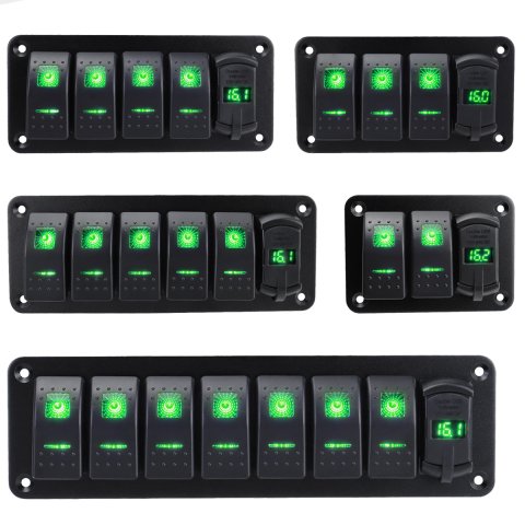 Waterproof Green Rocker Switch Panel with Built-in VoltaMeter & Dual USB Chargers - Compatible with Car Truck Boat RV (DC 12/24V)
