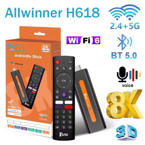 TV98 ATV H618 Smart TV Stick Android 14 Media Player, Allwinner H618 Quad-Core, 8K 4K HD, Dual WiFi 6 BT5.0 Streaming Dongle