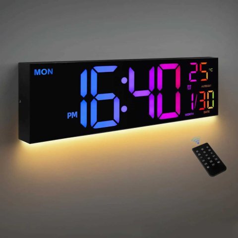 8 Colors Digital Wall Clock 162 Large Digital Clock with Temperature Date Auto DST Night Light Auto Brightness Dimmer C251015
