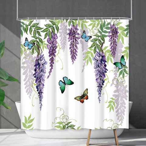 YL-38155 Waterproof Shower Curtain Set with Floral Flowers, Butterflies, and Other Floral Designs - Shower Cover - No Drill Required