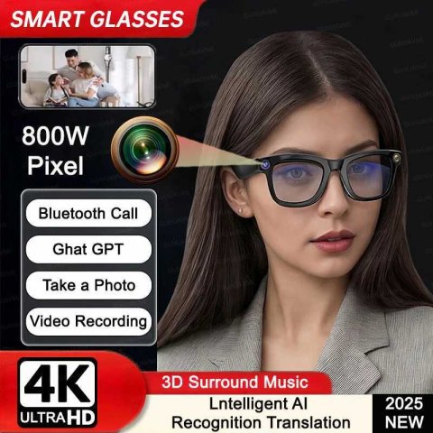 New Camera Glasses 800w Pixel 4K UHD Camera Recording Noise Reduction Ai Recognition Translation Anti Blue Light Smart Glasses X251011