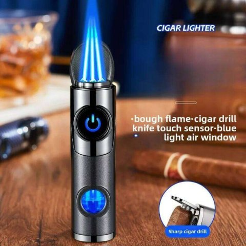 Three Jet Windproof Flame Butane Torch Lighter Visible Gas Blue Light Window Outdoor Portable Cigar Electric Lighters S260207