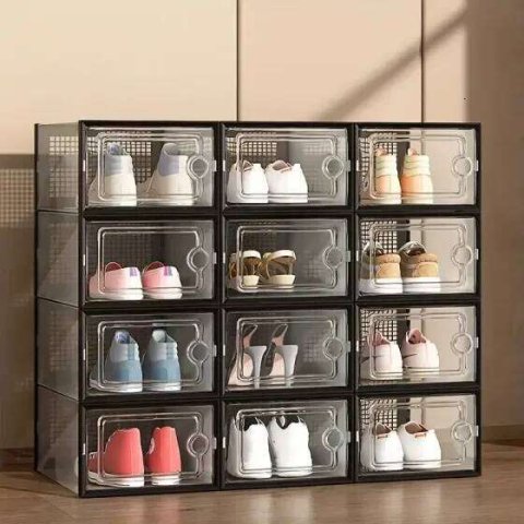 6/12 Pack Clear Plastic Stackable Storage Box | Space Saving Foldable Shoe Organizer for Closet 26H0127