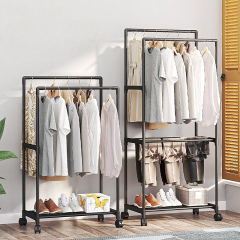 Double Rods Garment Rack Movable Coat Rack Simple Multifunctional Shoe Hat Integrated Rack Multilayer Space Saving Clothing Rack