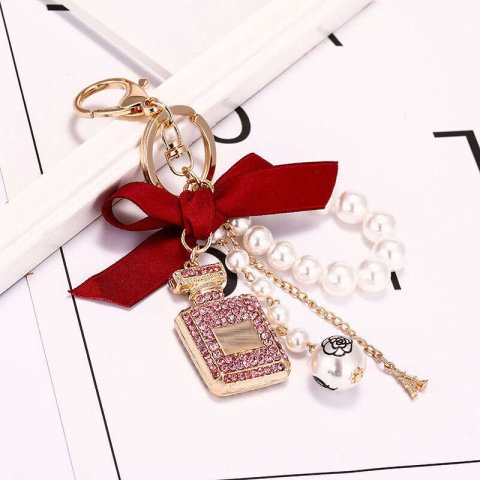 Free Shipping Keychain Chain with Pendant Alloy Rhinestone Perfume Bottle Pearl Bowknot Camellia Bag Charm Hardware Accessories