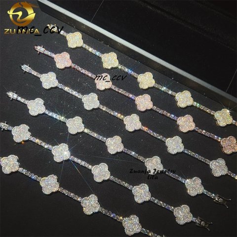 Pass Diamond Tester Fast Shipping New Design 3mm 925 Sterling Silver Clover Moissanite Tennis Chain Bracelet