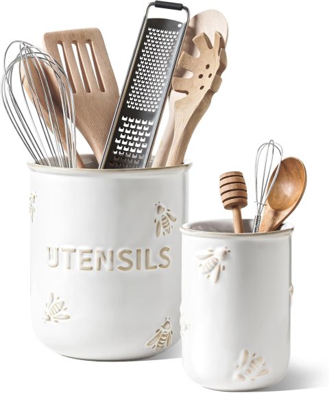 LE TAUCI Utensil Holder, Ceramic Kitchen Utensil Holder for Countertop Utensil Organizer Cooking Utensil Crock Set of 2, Arctic White, Bee Design