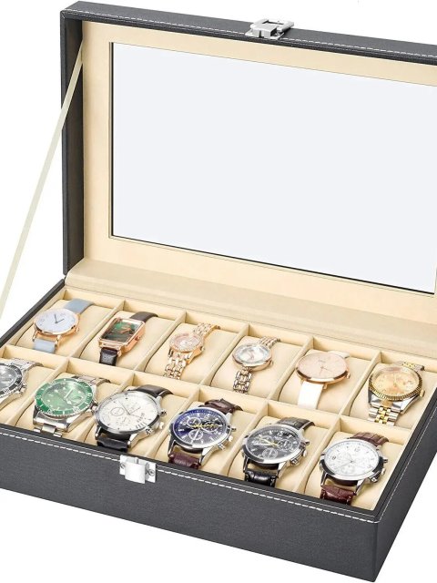 WellZone Classical PU Leather 6/10/12 Grids Watch Display Box Jewelry Storage Organizer Collector Case 240518