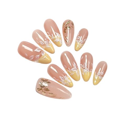 Elegant Medium-Long Almond Shape Flowers Printed Artificial Nails for DIY Manicures