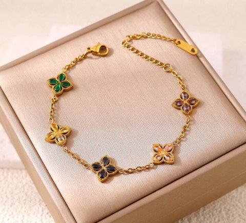 European and American New Style Four-Leaf Clover Stainless Steel 18K Plated Jewelry Colorful Zircon Bracelet