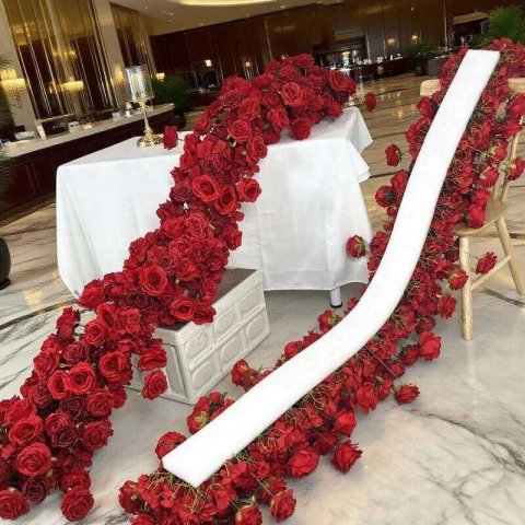 pink Artificial Flower Row Long Runner Red White Rose Wedding Backdrop Decor Floral Arrangement Props Table Centerpiece W260130